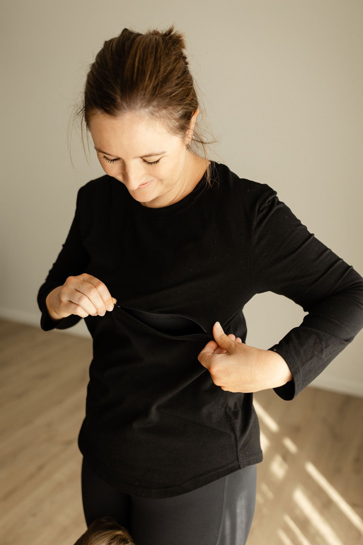 Breastfeeding Front Zip Long Sleeve Top Black
